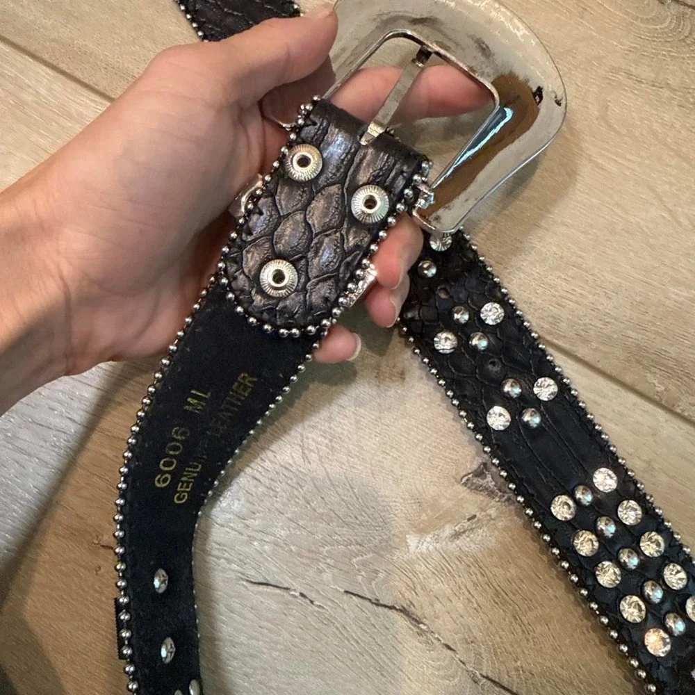 Black leather studded belt with rhinestones